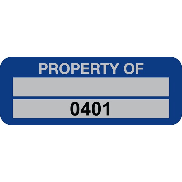Lustre-Cal Property ID Label PROPERTY OF 5 Alum Blue 2in x 0.75in 1 Blank Pad&Serialized 0401-0500, 100PK 253740Ma2Bd0401 - main